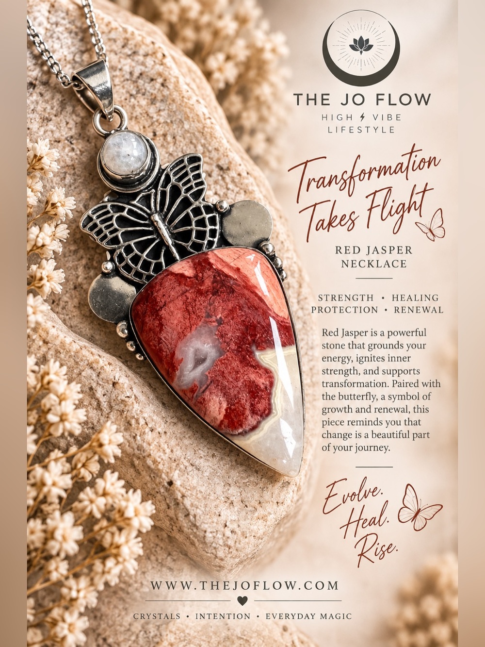 925 EVOLVE HEAL RISE Red Jasper Butterfly Pendant Necklace